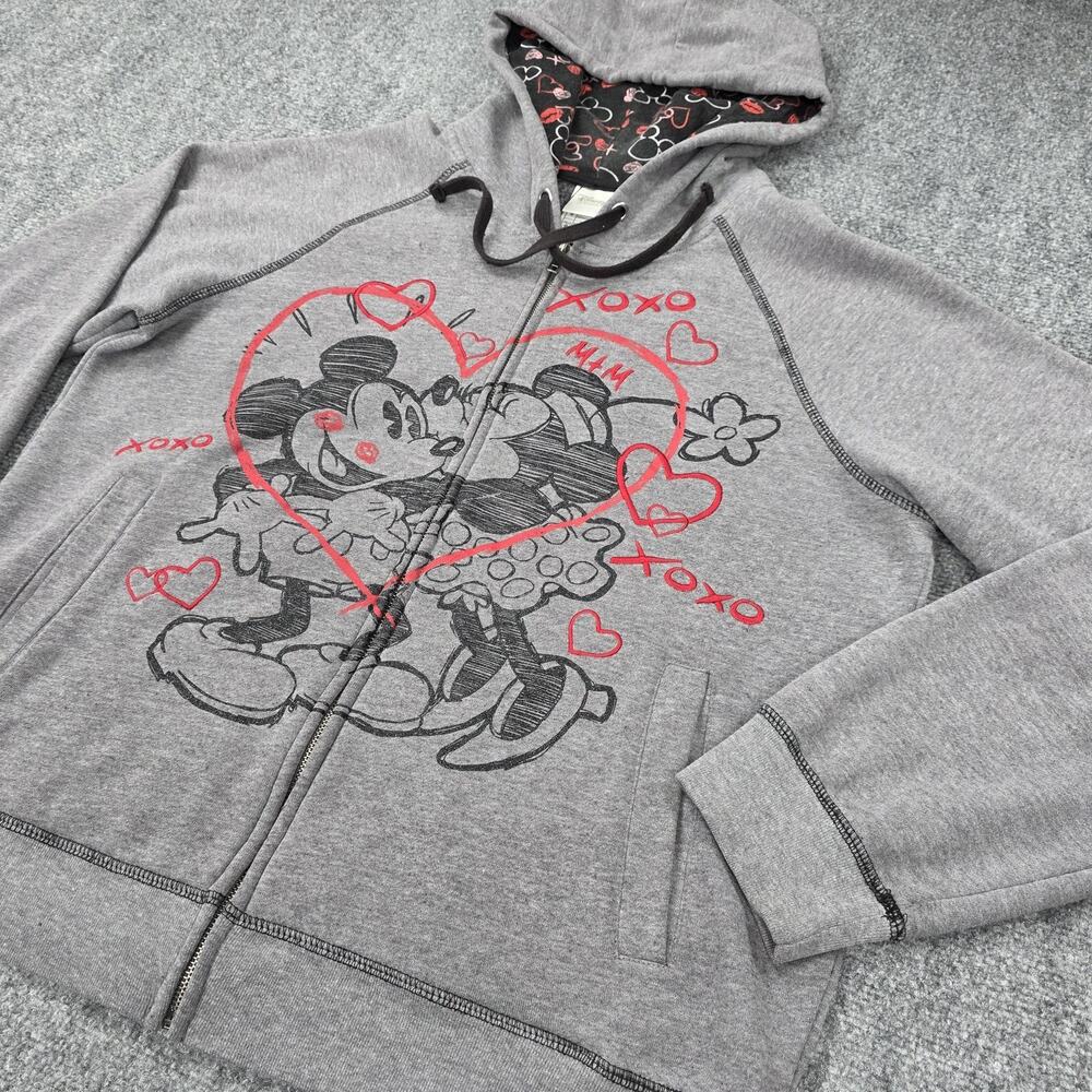 Disney Hoodie Womens Large Gray Mickey Minnie XOXO Zip Sweatshirt Hearts Embroid
